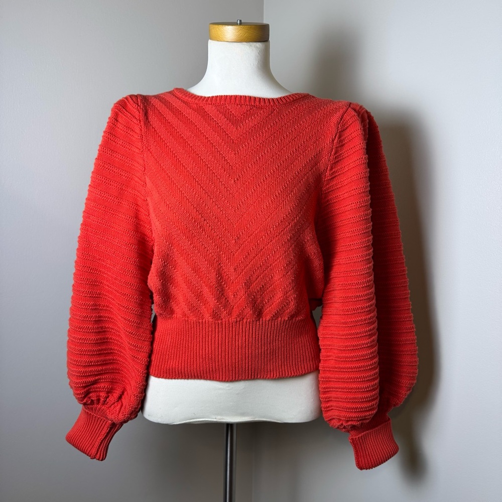 HAPPY X NATURE Cotton Textured Knit Sweater w/ Back Bow Detail CORAL RED / SMALL